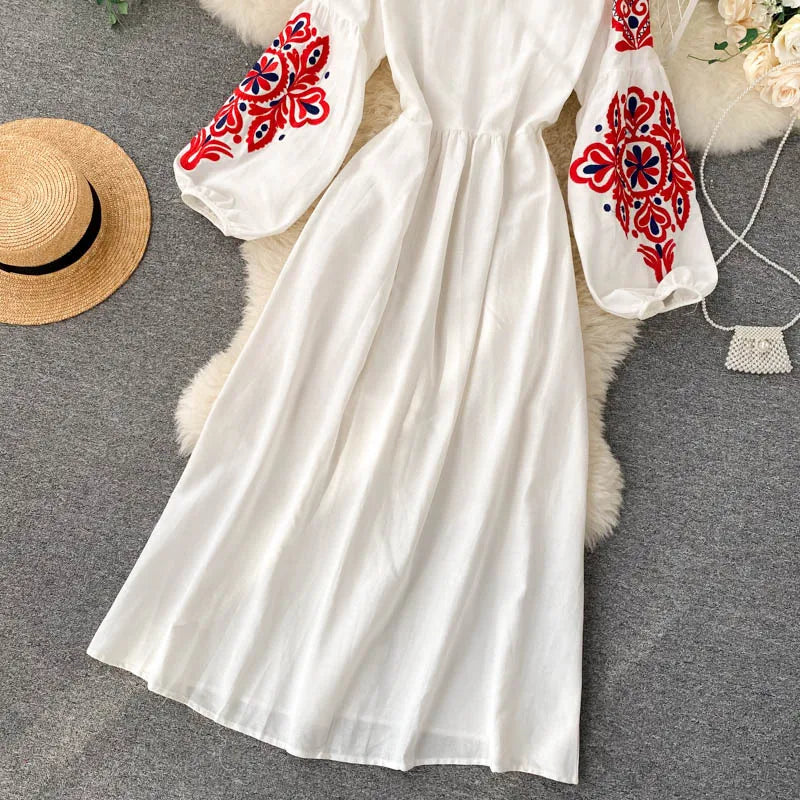 Bohemian Embroidered Dress for Women, Boho, Flower, O-Neck, Lantern Long Sleeve, High Waist, Cotton, White, Spring