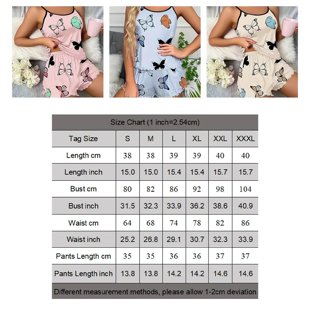 Womens Butterfly Print Pajamas Suit Comfortable Stylish Casual Soft Vest Shorts Trouser Sets Women Pajama Fashion Lounge Pajamas