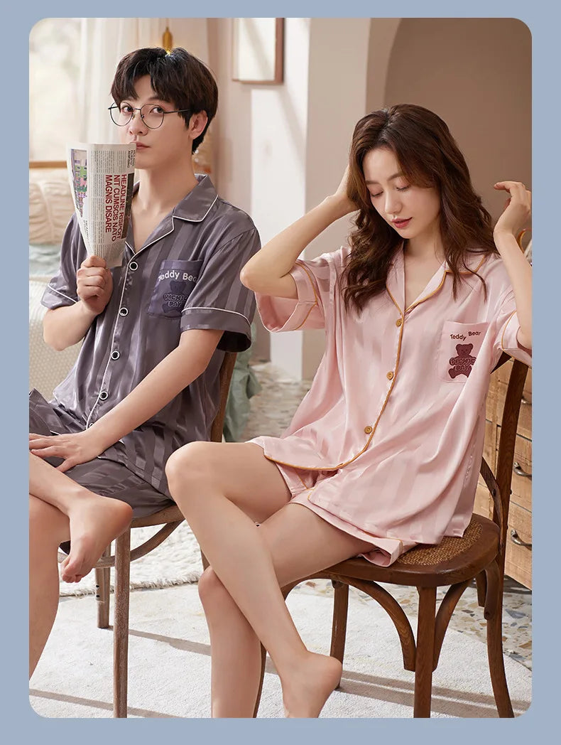 Pajamas Sets for Women Men Sexy Sleepwear Silk Women Pijama Sets Long Sleeve Cardigan Set Female Ice Silk Pyjamas Home Clothing