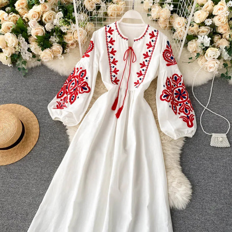 Bohemian Embroidered Dress for Women, Boho, Flower, O-Neck, Lantern Long Sleeve, High Waist, Cotton, White, Spring