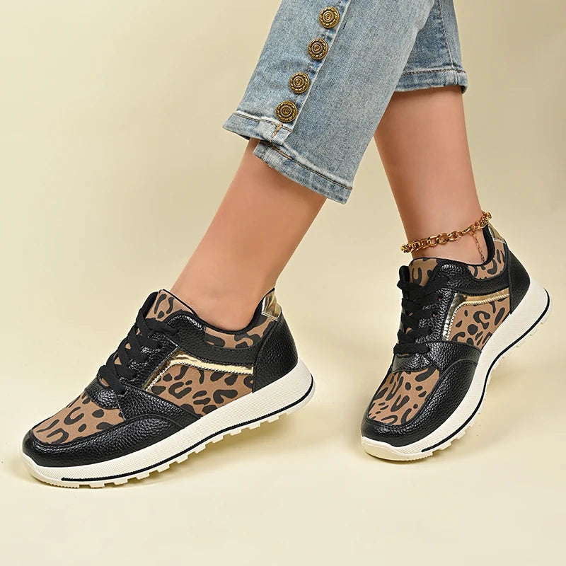 2025 Spring Leopard Print Platform Sneakers Women Black Thick Bottom Vulcanized Shoes Woman Cozy Lace Up Wedge Sport Shoes Woman
