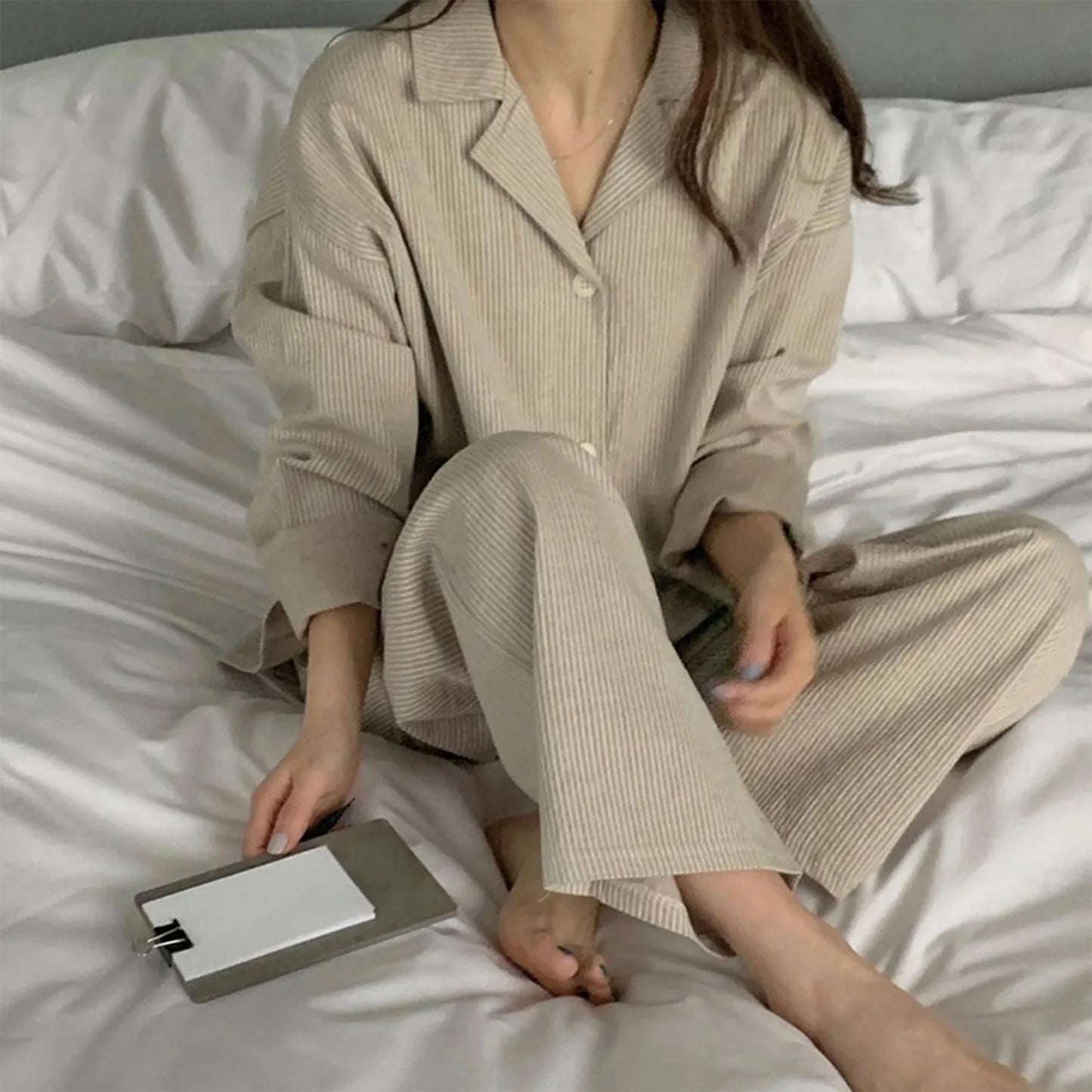 Striped Sleepwear Women Pajama Sets Korean Piiama Pants Sets for Women 2 Pieces Button Night Wears Long Sleeve Home Suit pigma