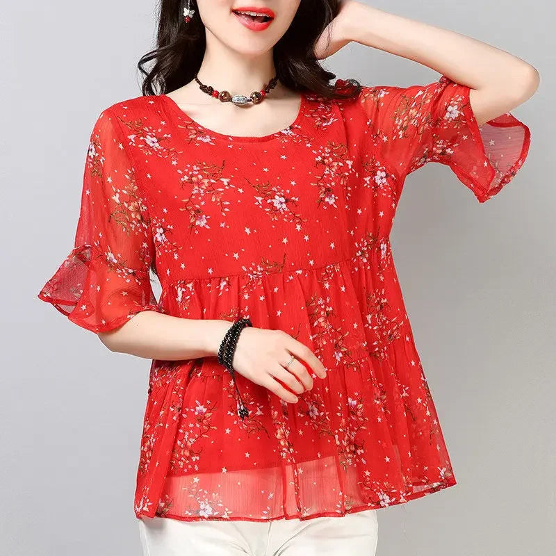 Blouse Women Chiffon Shirt Short Sleeve Women's Top Printed Loose round Neck Blusas Ropa De Mujer