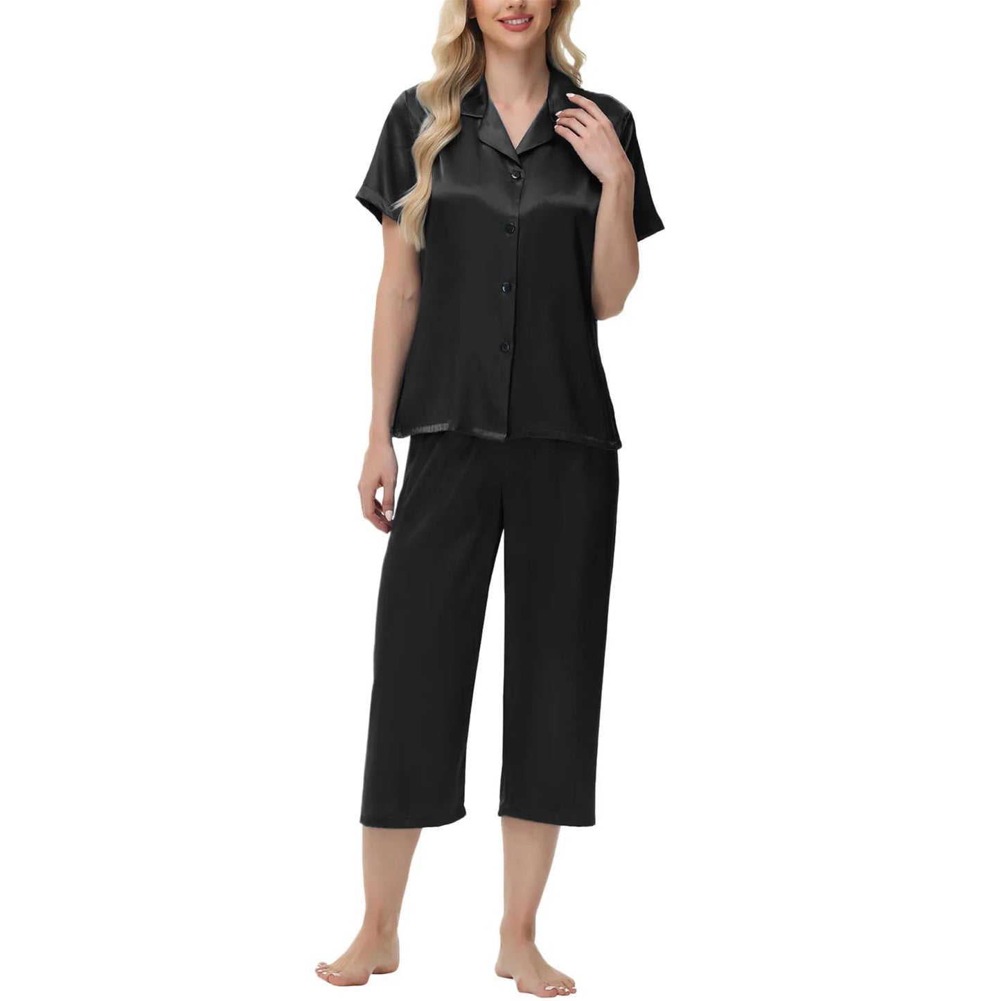 Women'S Pajama Set Burgundy Silky Fabric Short Sleeve Fashion Pants Home Clothes Bedroom Leisure Scene Stay At Home