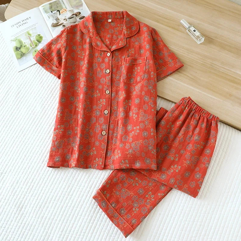 Summer Pijama Cotton Pajamas Set Middle Aged Mother Women 2 Piece Set Outfit Jacquard Home Wear Trousers Short Sleeve Sleepwear