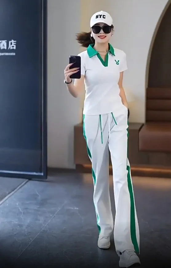 Women's Casual Sports Suit 2025 New Summer Spring Style Clothes Fashion Short Sleeve Lapel T-shirt Wide Leg Pants Two Piece Set