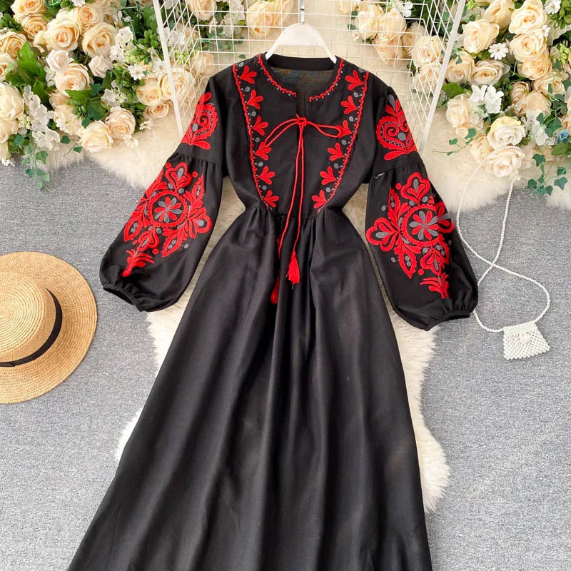 Bohemian Embroidered Dress for Women, Boho, Flower, O-Neck, Lantern Long Sleeve, High Waist, Cotton, White, Spring