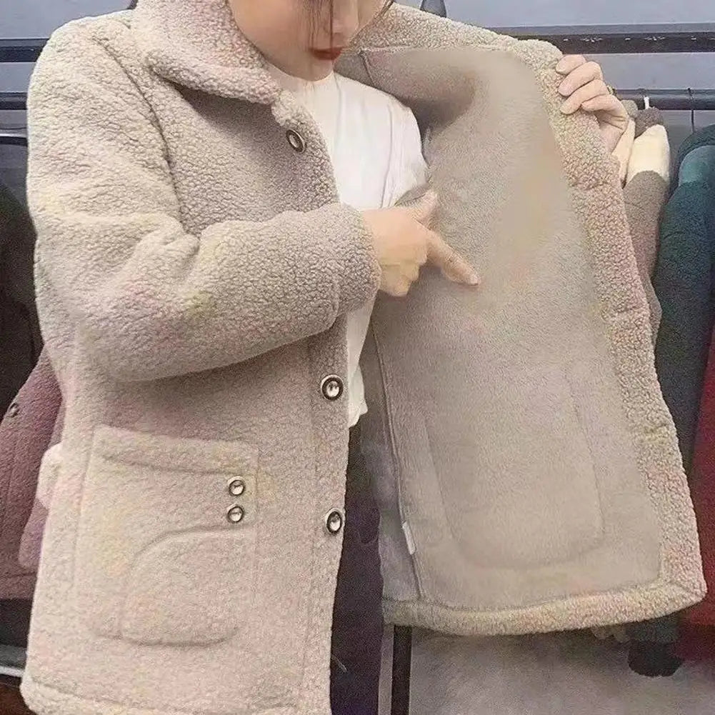 Women Jacket Coat Stylish Women's Lapel Jacket Coat with Imitation Lamb Wool Long Sleeve Thickened Outwear for Autumn Winter
