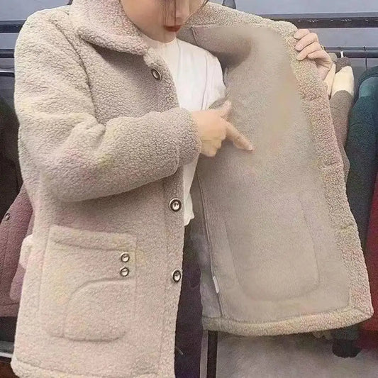 Women Jacket Coat Stylish Women's Lapel Jacket Coat with Imitation Lamb Wool Long Sleeve Thickened Outwear for Autumn Winter