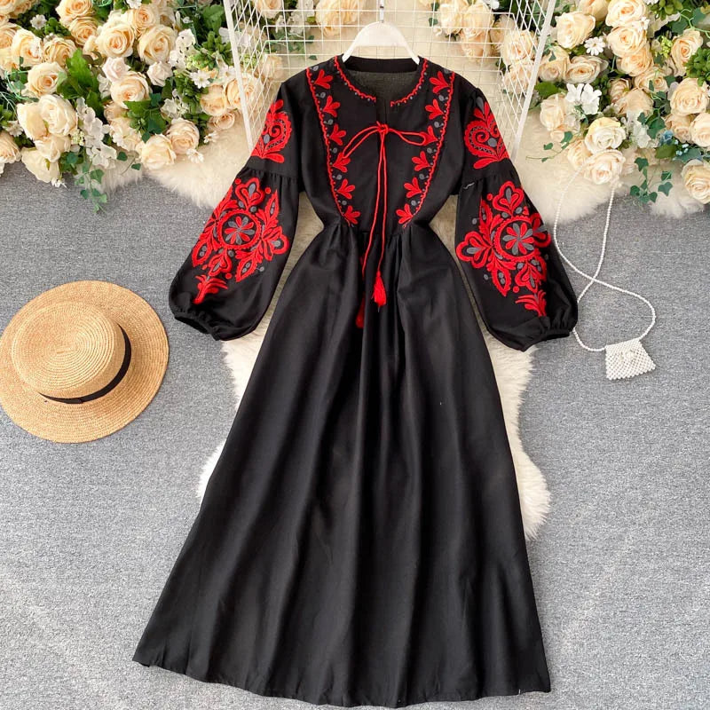 Bohemian Embroidered Dress for Women, Boho, Flower, O-Neck, Lantern Long Sleeve, High Waist, Cotton, White, Spring
