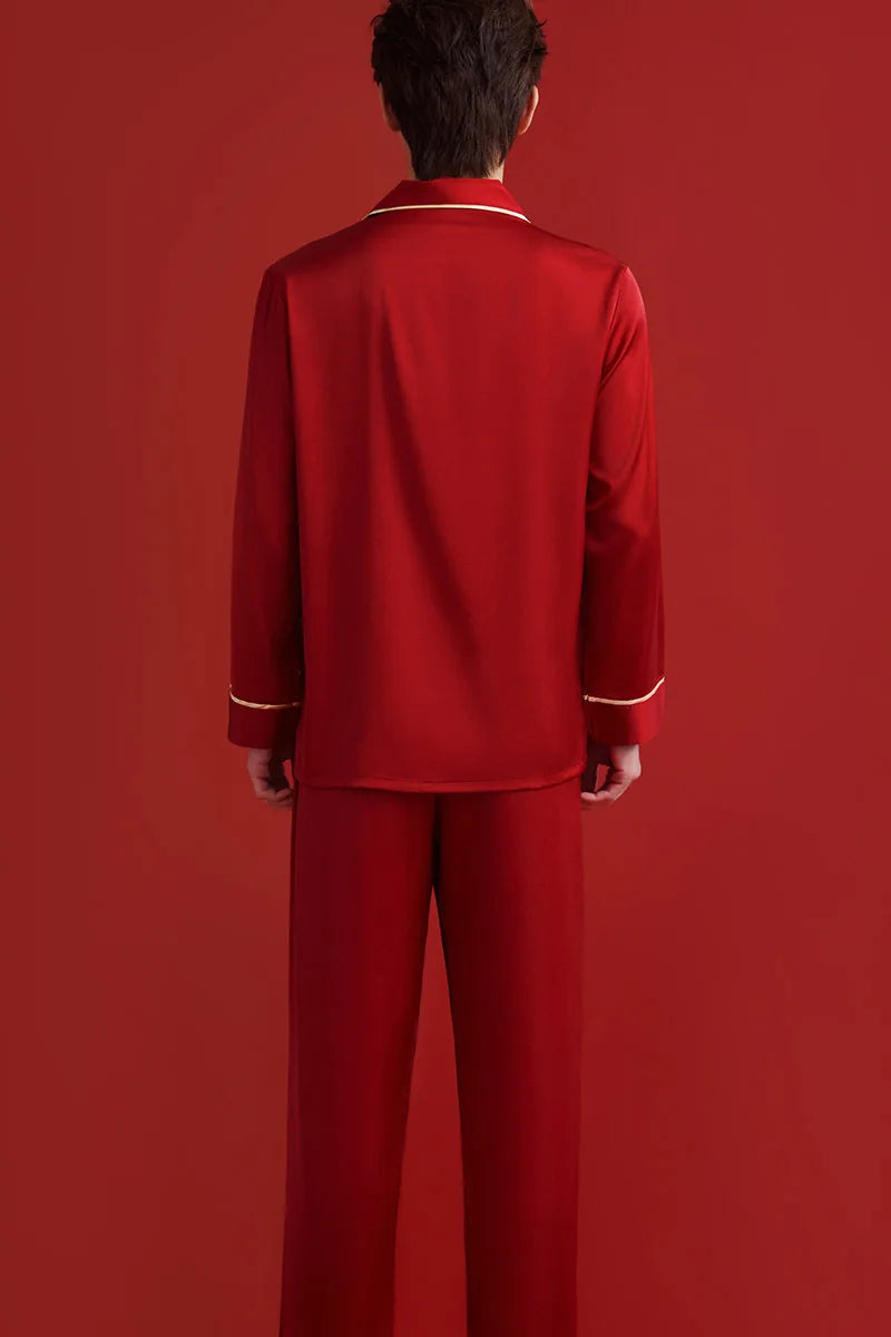 Couples Casual Red Pajamas Ice Silk Women Mens Pajama Pants Sets Satin Long Sleeve Sleepwear Home Pijama Night Wear Loungewear