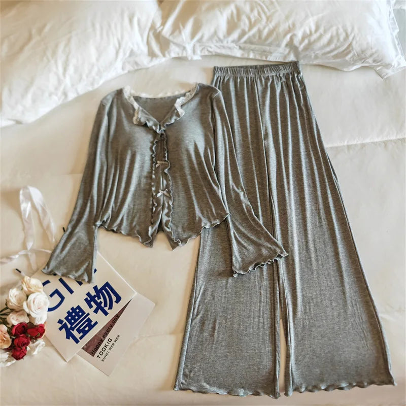Pijama Feminina New Modal Chest Pad Set 2 Piece Woman Long Sleeve Pajama Sets Casual Korean Sleepwear Pyjamas Femme Home Wear