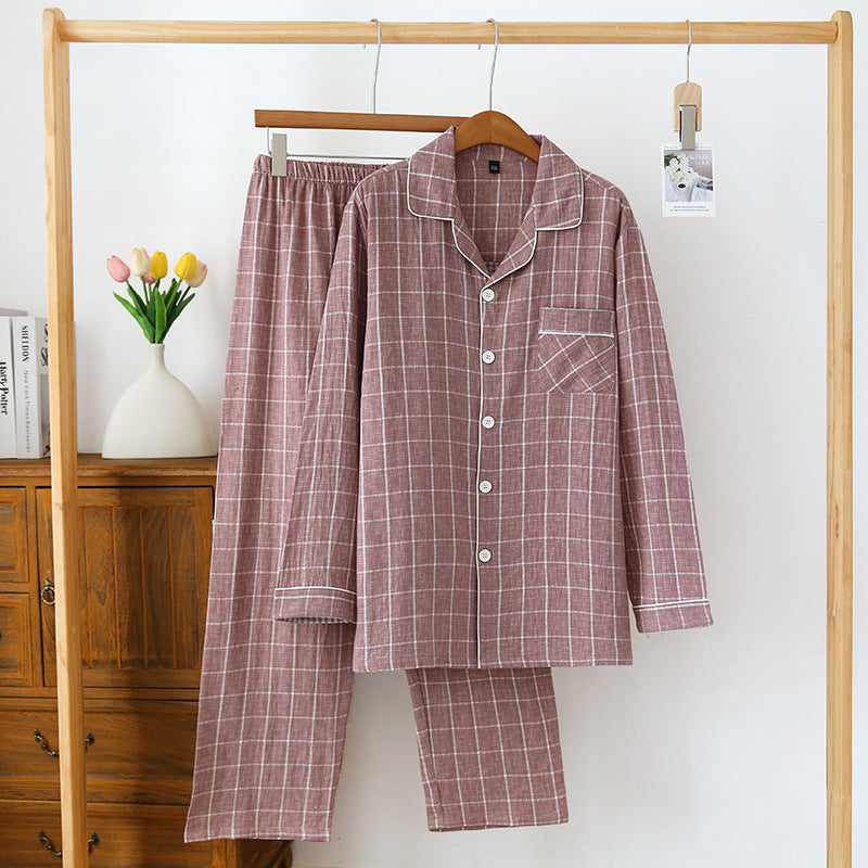 2025 Japanese New Men's Spring/Summer Pajama Set 100% Cotton Plaid Long Sleeve Pants Two Piece Set Large Relaxed Home Furnishing