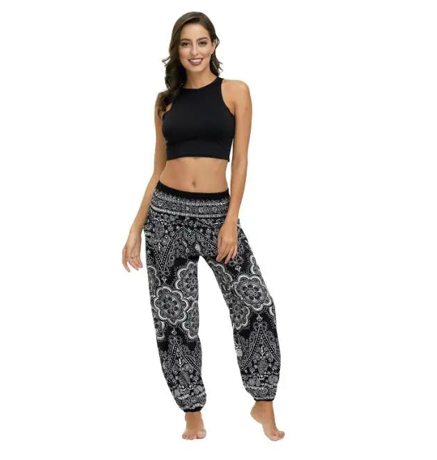 Women Yoga Pant Indian Nepal Loose Comfy Trousers Multicolor Bohemia Geometric Floral Print Wide Leg Pants Bloomers For Women
