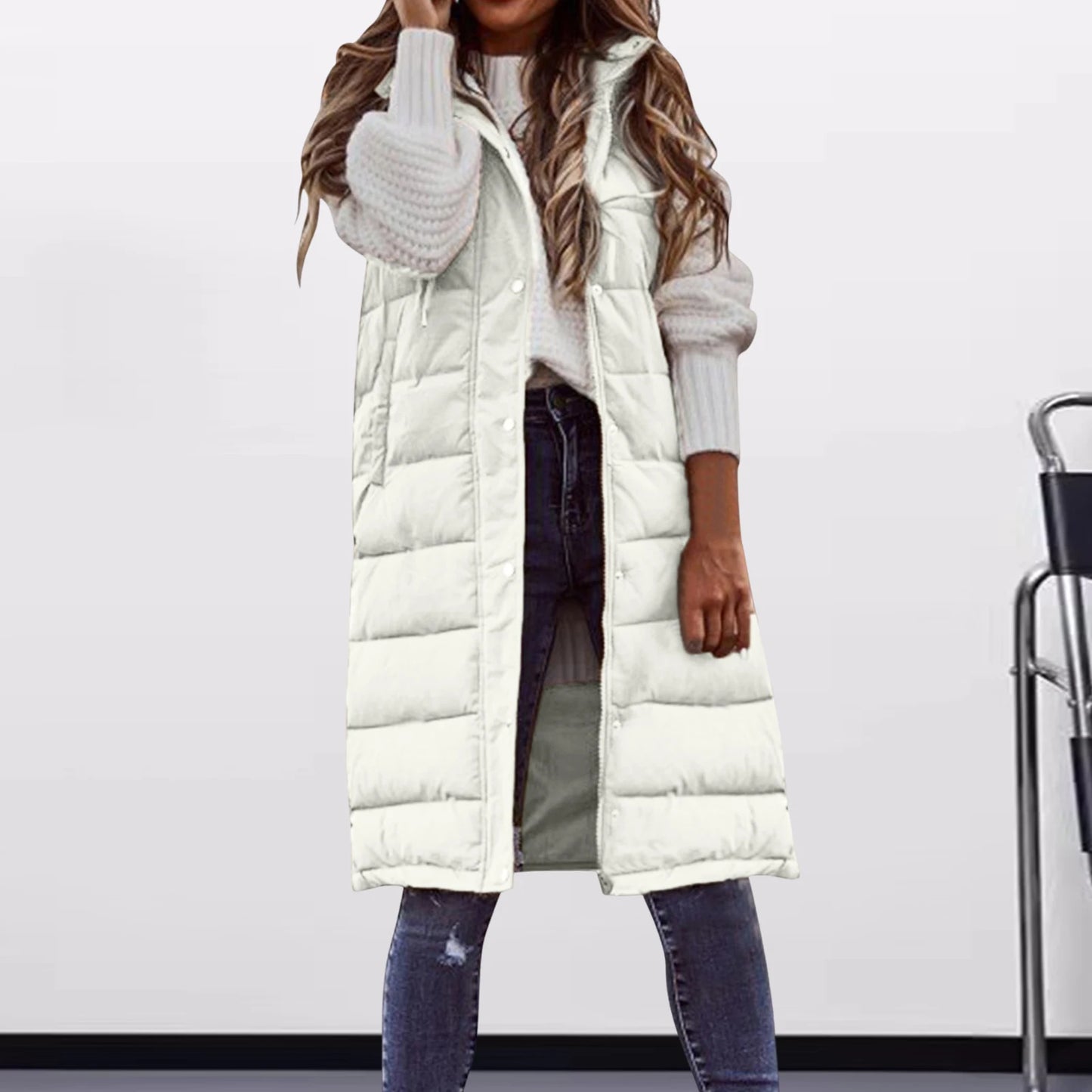 Women's Long Coat Vest With Hood Autumn Winter Sleeveless Warm Cotton Down Coat Waistcoat Quilted Vest Down Jacket Outwear 2XL