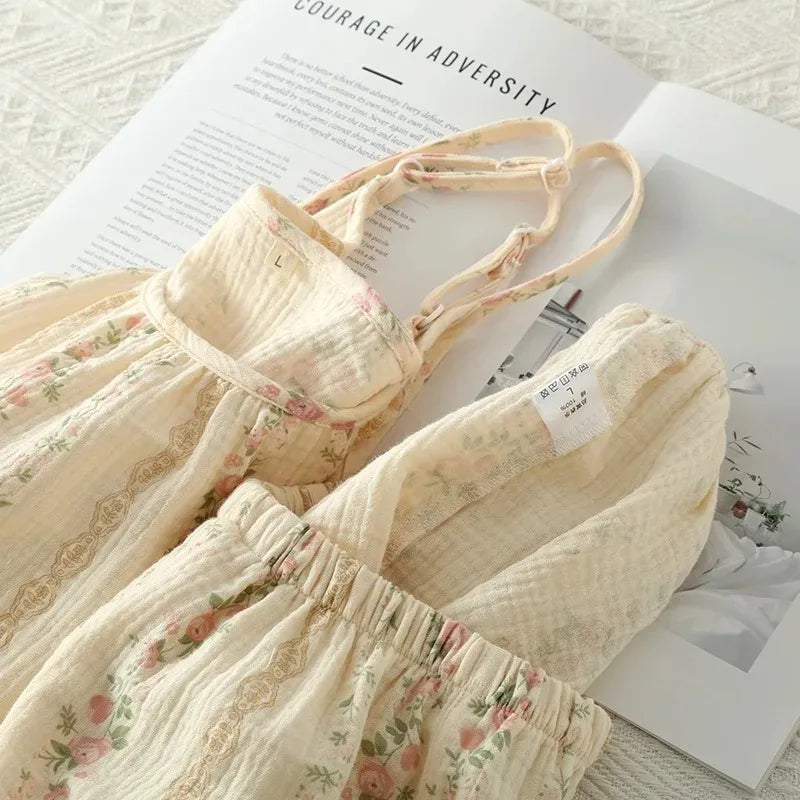 100% Cotton Women's Pajama Set Woman 2 Pieces Spaghetti Strap Sleepwear Women Floral Print Pajama  Strap