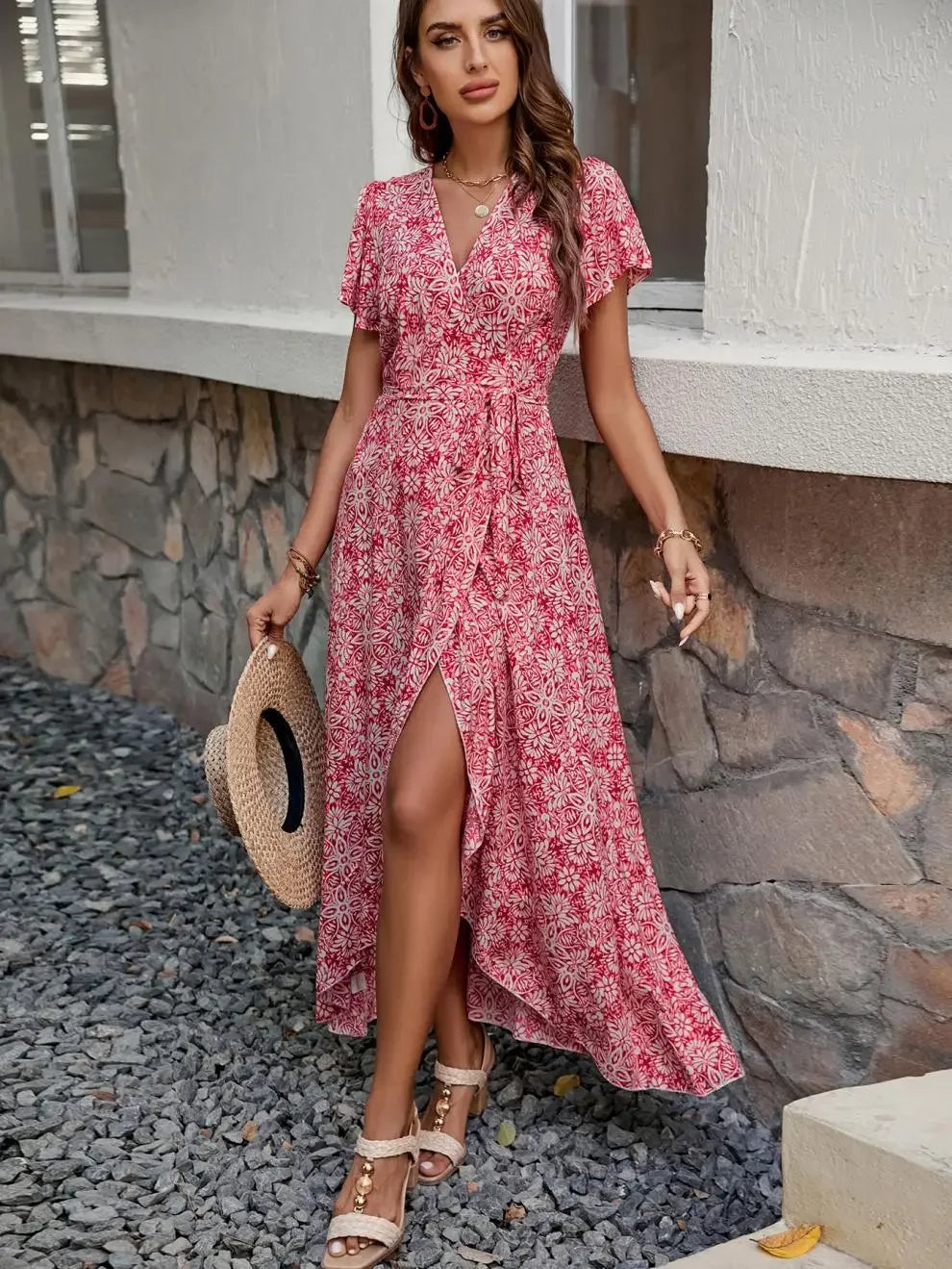 New Summer Women's V-neck Print Short-sleeve One-piece Belted Dress Beach Vacation Style Midi Skirt Regular Waistline