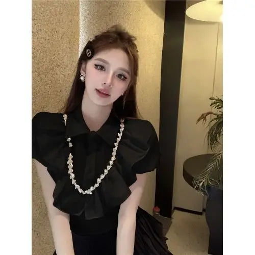 White Women Blouses 2025 Blusas Mujer De Moda Puff Sleeve Slim Fit Heavy Diamond Crop Tops Ruffles Sweet Summer Blouse Shirts