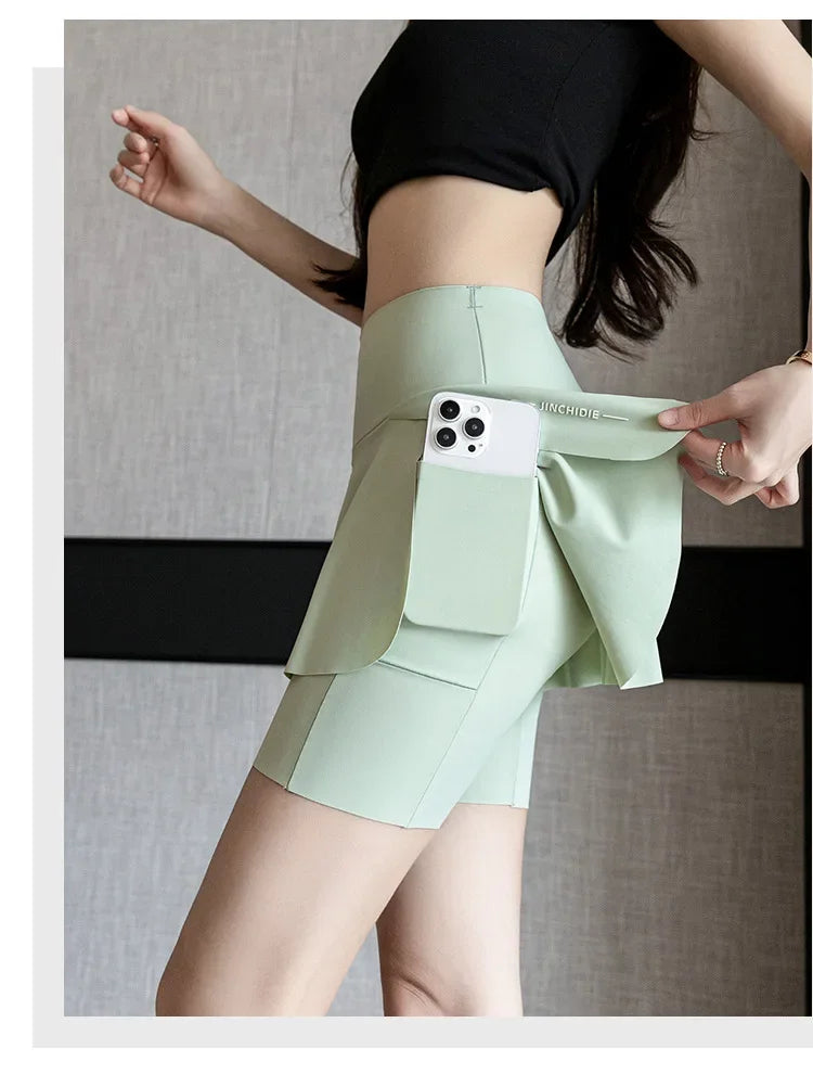 Fake Two Items Shorts Women Big Size Shorts with Pocket Gym Trainning Running Yoga Shorts Stretchy Cycling Three Point Pants