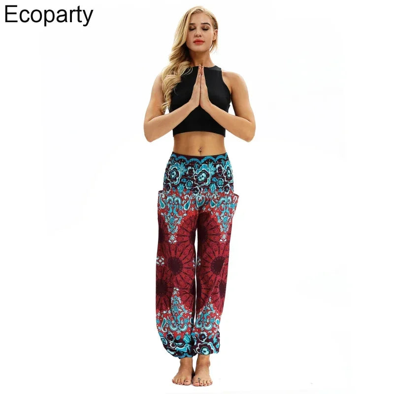 Women Yoga Pant Indian Nepal Loose Comfy Trousers Multicolor Bohemia Geometric Floral Print Wide Leg Pants Bloomers For Women