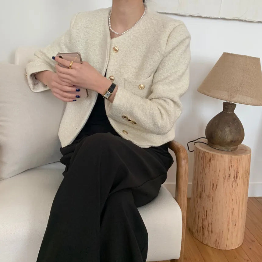 Women Autumn Winter 2025 French Vintage Coat Temperament High Quality Korean Casual Single Breasted Slim Tweed Jackets