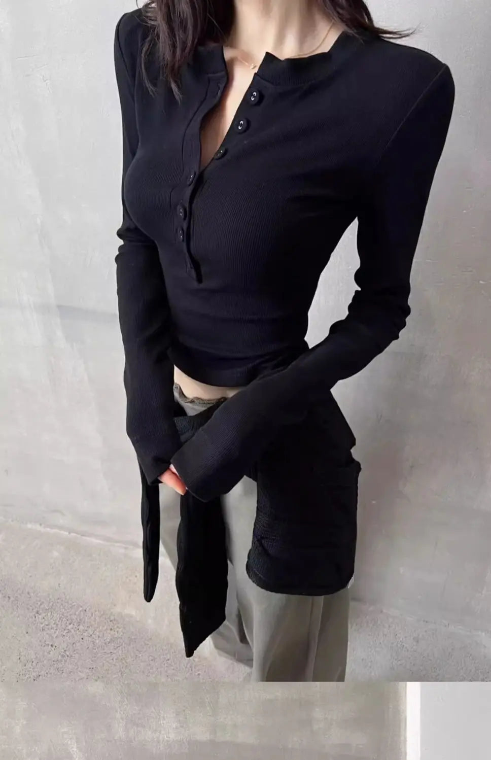 Polo Neck T Shirt for Women Sexy Crop Top Button Long Sleeve Woman Tshirt Slim Black Youthful Elegant Synthetic Aesthetic Luxury