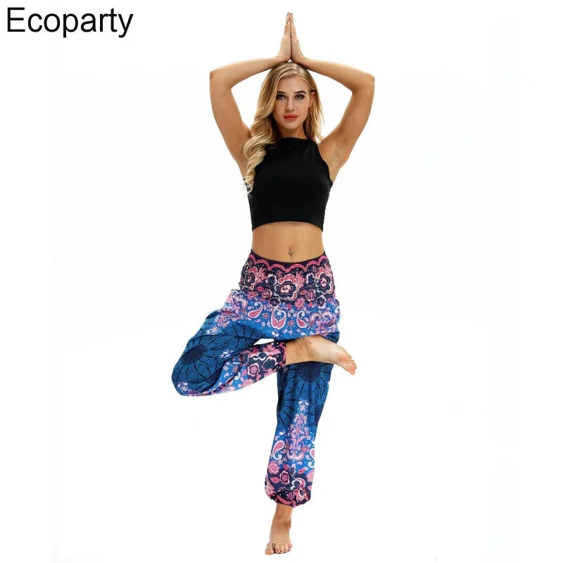 Women Yoga Pant Indian Nepal Loose Comfy Trousers Multicolor Bohemia Geometric Floral Print Wide Leg Pants Bloomers For Women