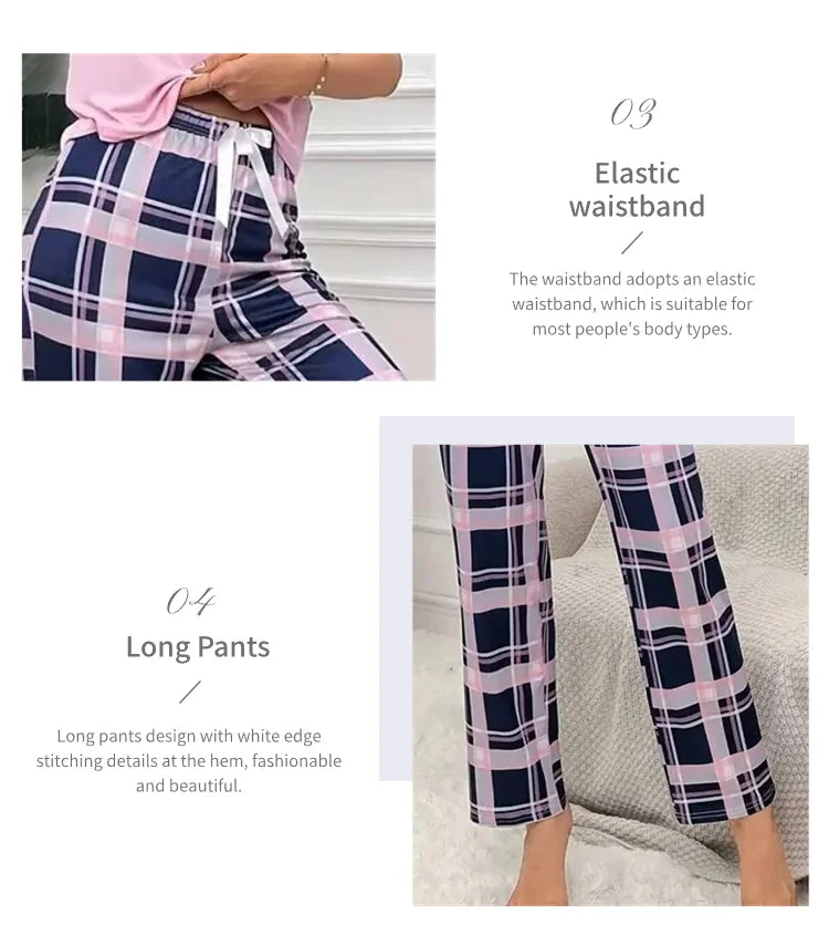 Women's Pajama Pj Set Letter Print Short Sleeve Top & Plaid Print Pants with Bow Details Casual Sleepwear for Adults All Seasons