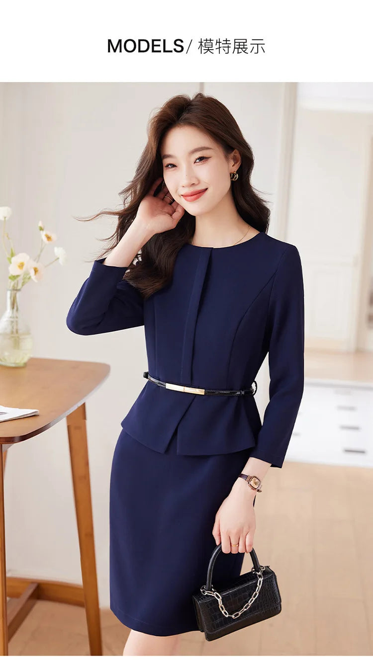 Women's Professional Dresses Suits, Women's Slim Temperament, Hip Dress Skirts, Hosts, Hotel Office Lady Overalls with Belt