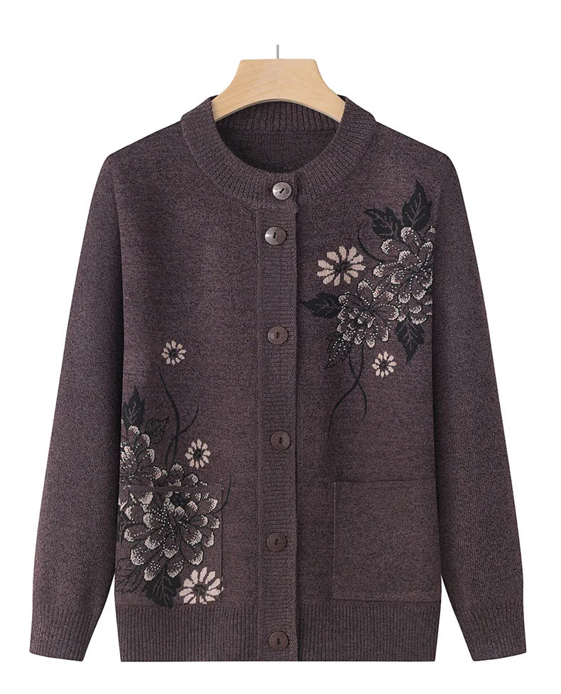 Korean Women's Clothes New Knit Woolen Printed Cardigan Coat Middle Aged Mother Knitwear Tops Vintage Grandma Sweater Jacket