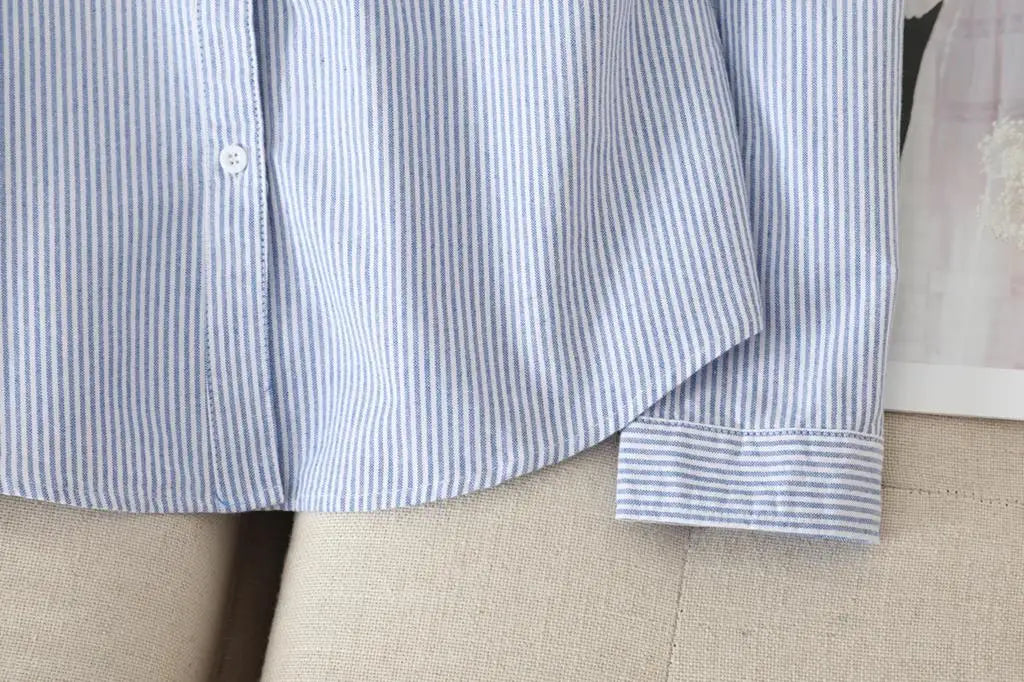 Casual Cotton Women's Oxford Shirt 2024 Autumn New Good Quality Woman Blouse and Tops Lady White Blue Striped Shirts Clothes