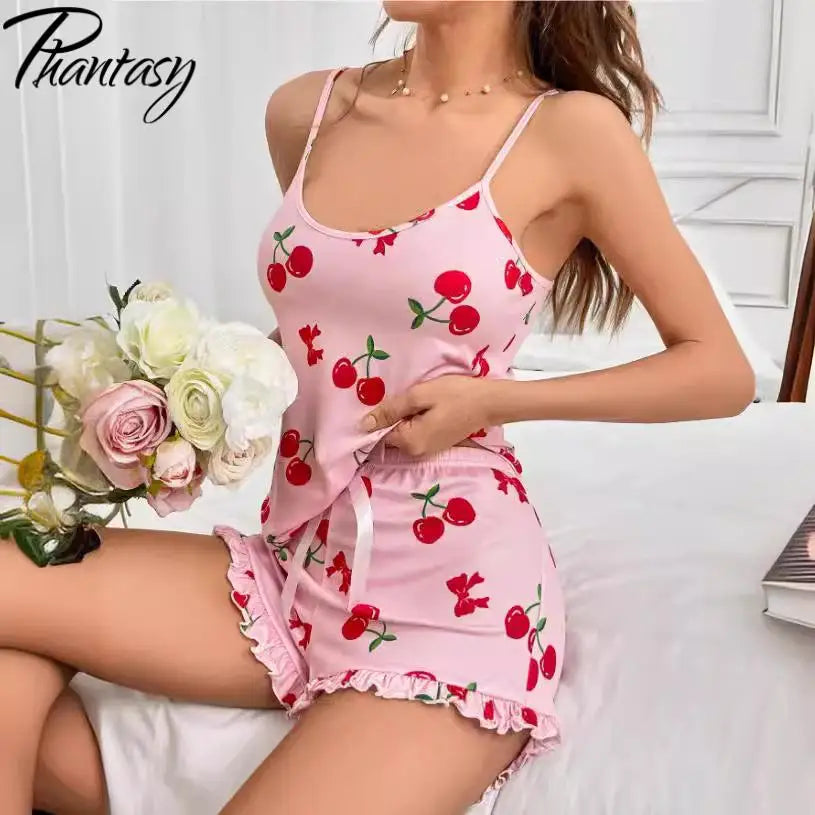Phantasy Fashion Cherry Print Pajama Set Breathable Soft Casual Style Top Vestido Shorts Pajamas ﻿summer Women's Clothing 2025 ﻿