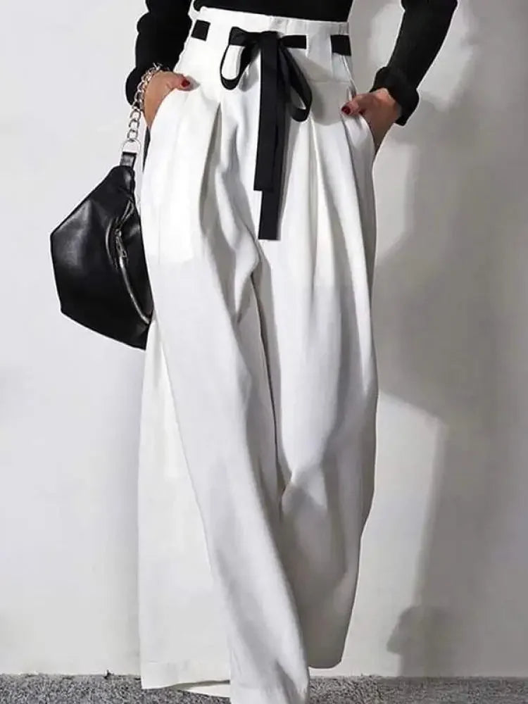 Women's White Pants  New Fashion Solid Color Pockets Pleated Drawstring High Waisted Wide Leg Loose Casual Trousers