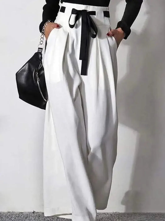Women's White Pants  New Fashion Solid Color Pockets Pleated Drawstring High Waisted Wide Leg Loose Casual Trousers