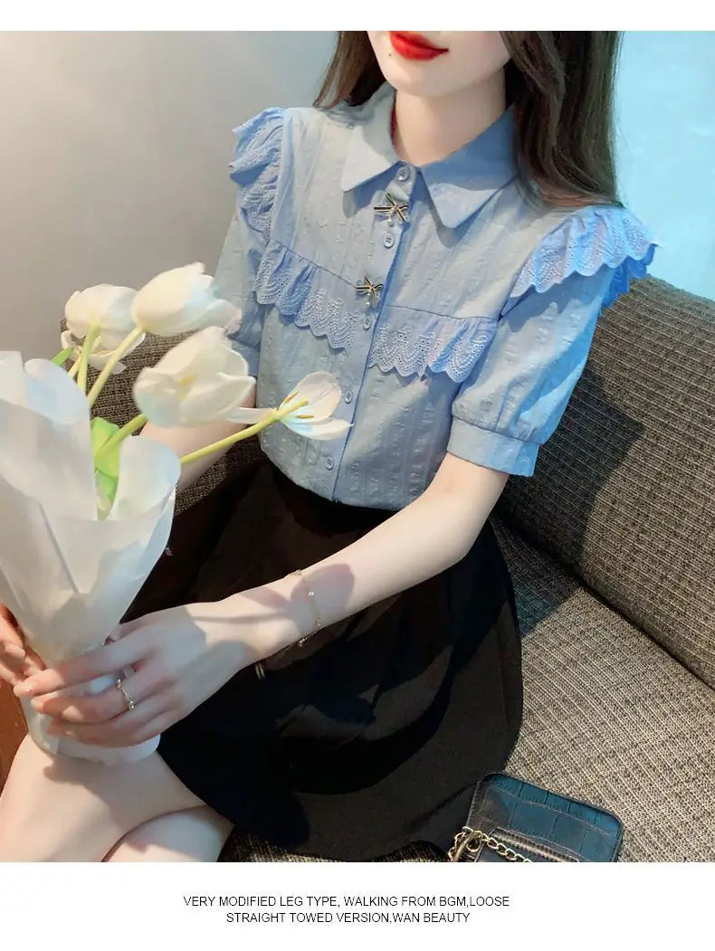Summer Dress Women's Shirt T-Shirt New Women's Shirt Cotton Shirt Women's Foreign Design Sense Niche Short Sleeve Lace Top