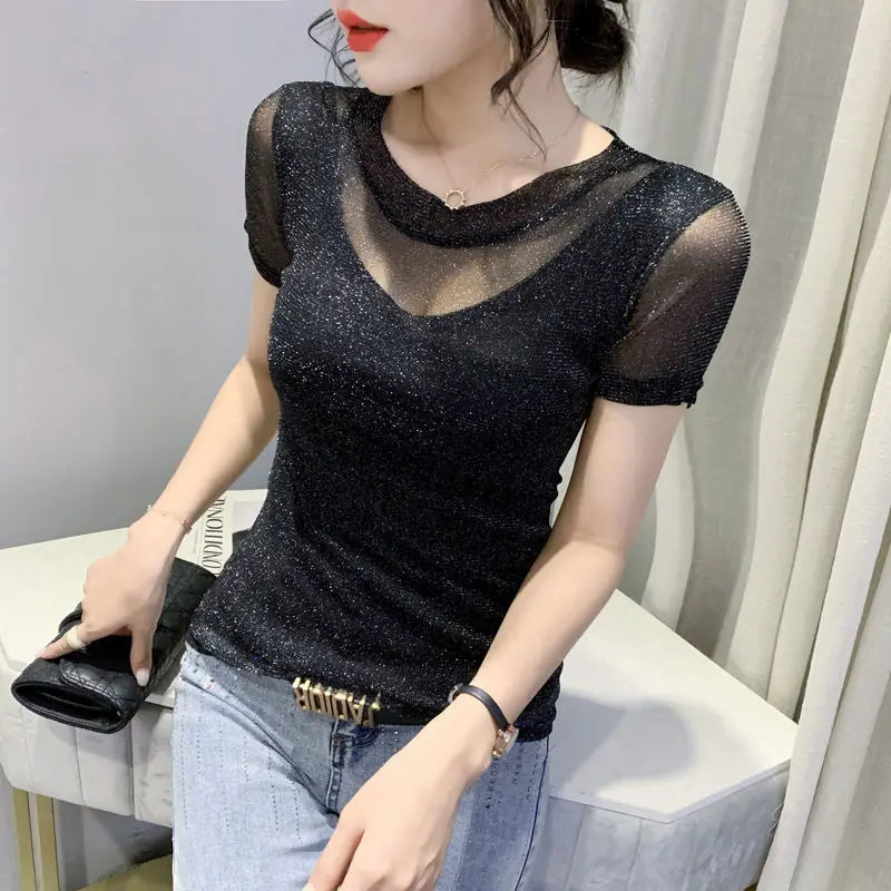 Summer Women Clothing 2025 New Half-sleeved Fashionable Short-sleeved T-shirt Hollow Mesh Top Lace Pullover