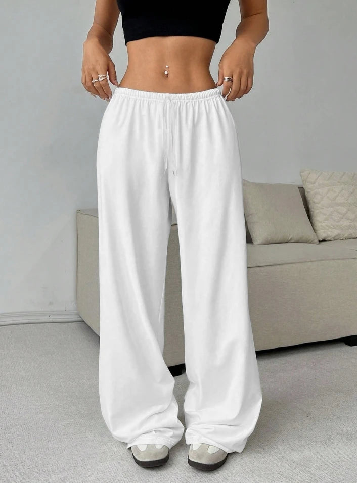 Women's Pants 2024 Spring Fashion Solid Color Low Waisted Casual Elastic Waisted Lace Up Wide Leg Daily Sports Pants