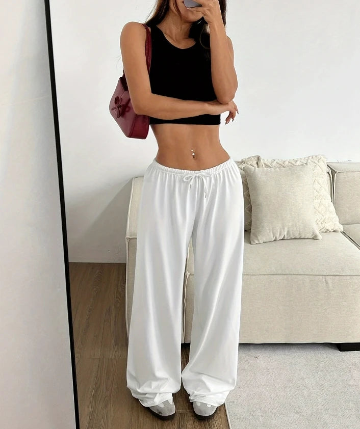 Women's Pants 2024 Spring Fashion Solid Color Low Waisted Casual Elastic Waisted Lace Up Wide Leg Daily Sports Pants