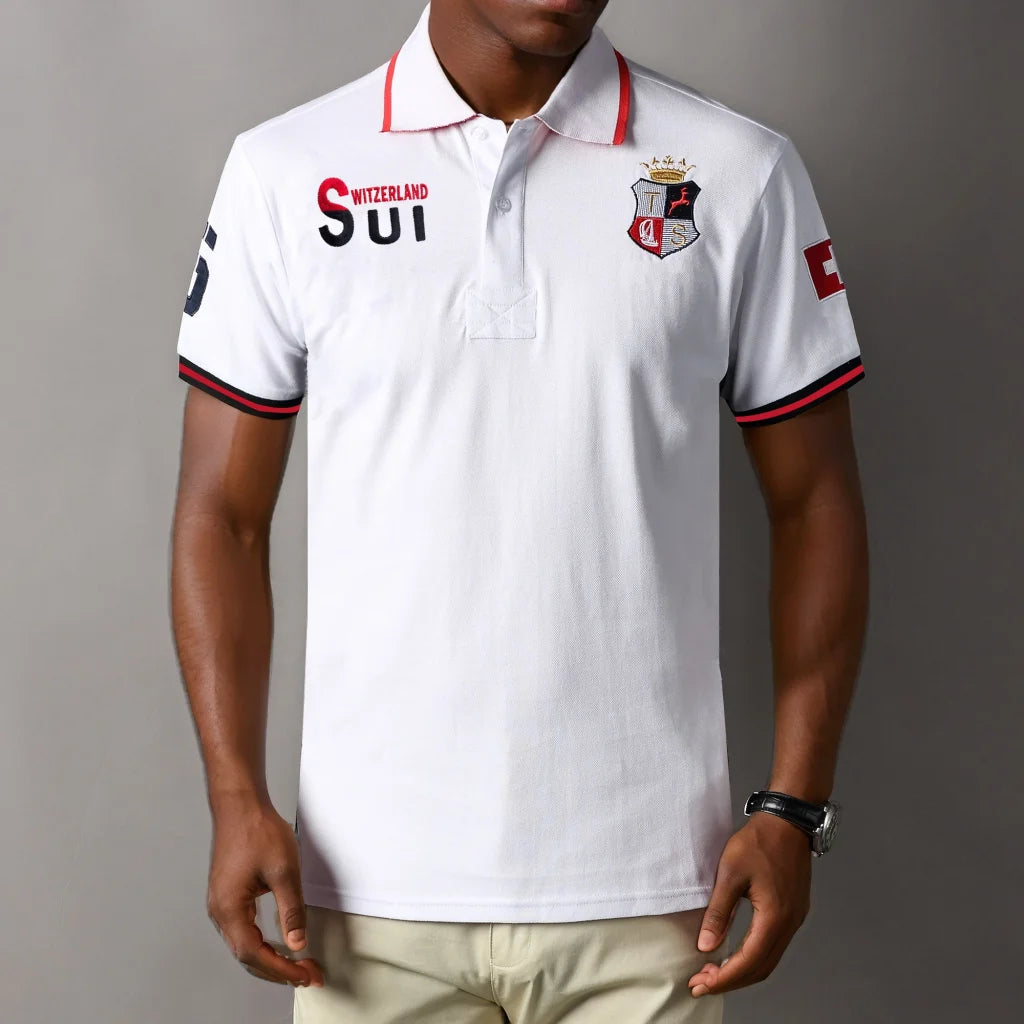 New Swiss polo shirts men short sleeved polo collars fashionable casual sporty high-end pure cotton micro elastic embroidery