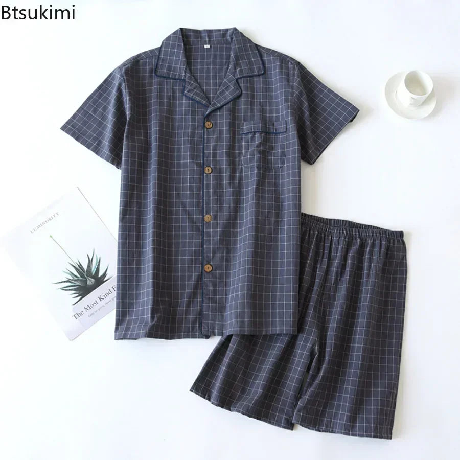 New2025 Men's Summer PajamasThin Short-sleeved Shorts Soft Cotton Simple Japanese Plaid Home Service Suit Pantalon Pijama Hombre