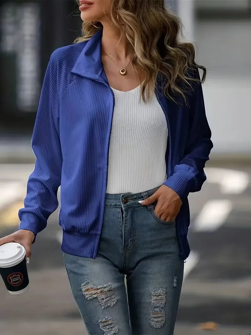 Independent station casual women's autumn and winter new jacket solid color long sleeved loose zipper versatile knitted jacket