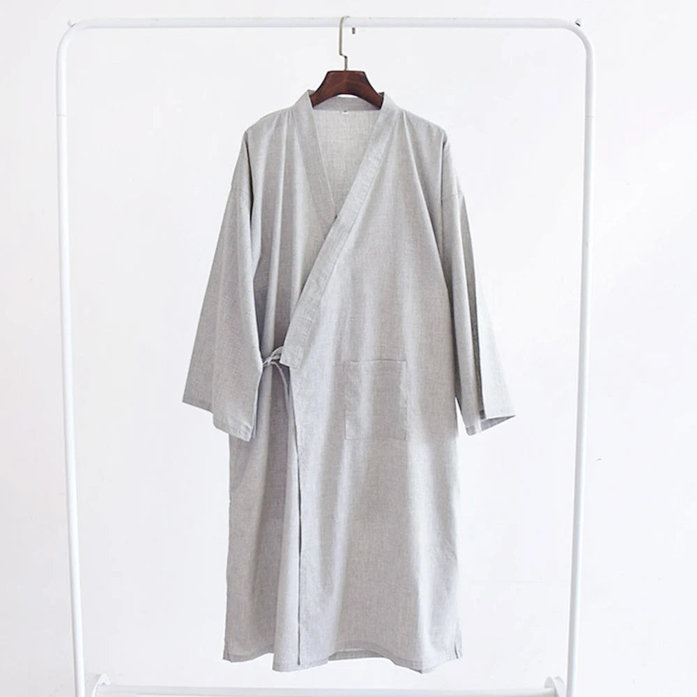 Fashion Japanese Style Kimono Robe Solid Color Lace Up Long Bathrobe Pajamas Belt Cotton Home Pijama Robes Clothing For Men