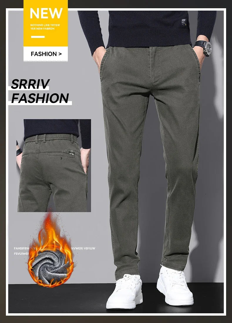 Brand Fleece Pants Forr Men Winter New Warm Cotton Elastic Waist Korean Fashion Twill Straight Plush Trousers Male