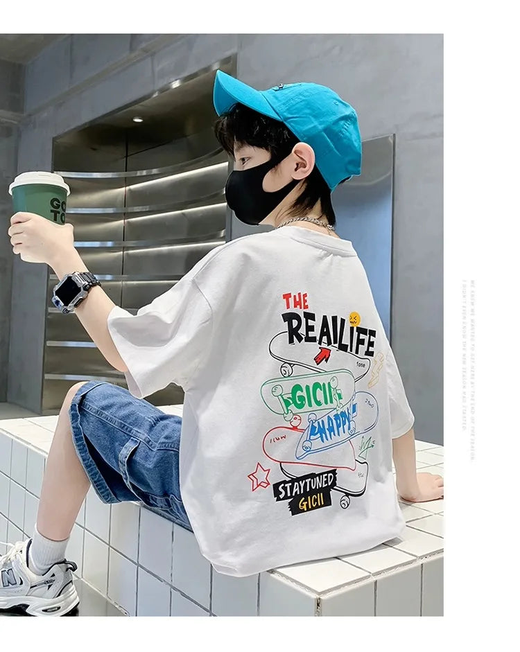 Summer Kids Clothes Streetwear Fashion English Skateboard Print T Shirt 100%Cotton Tops Tees Children Short Sleeve Boys Clothes