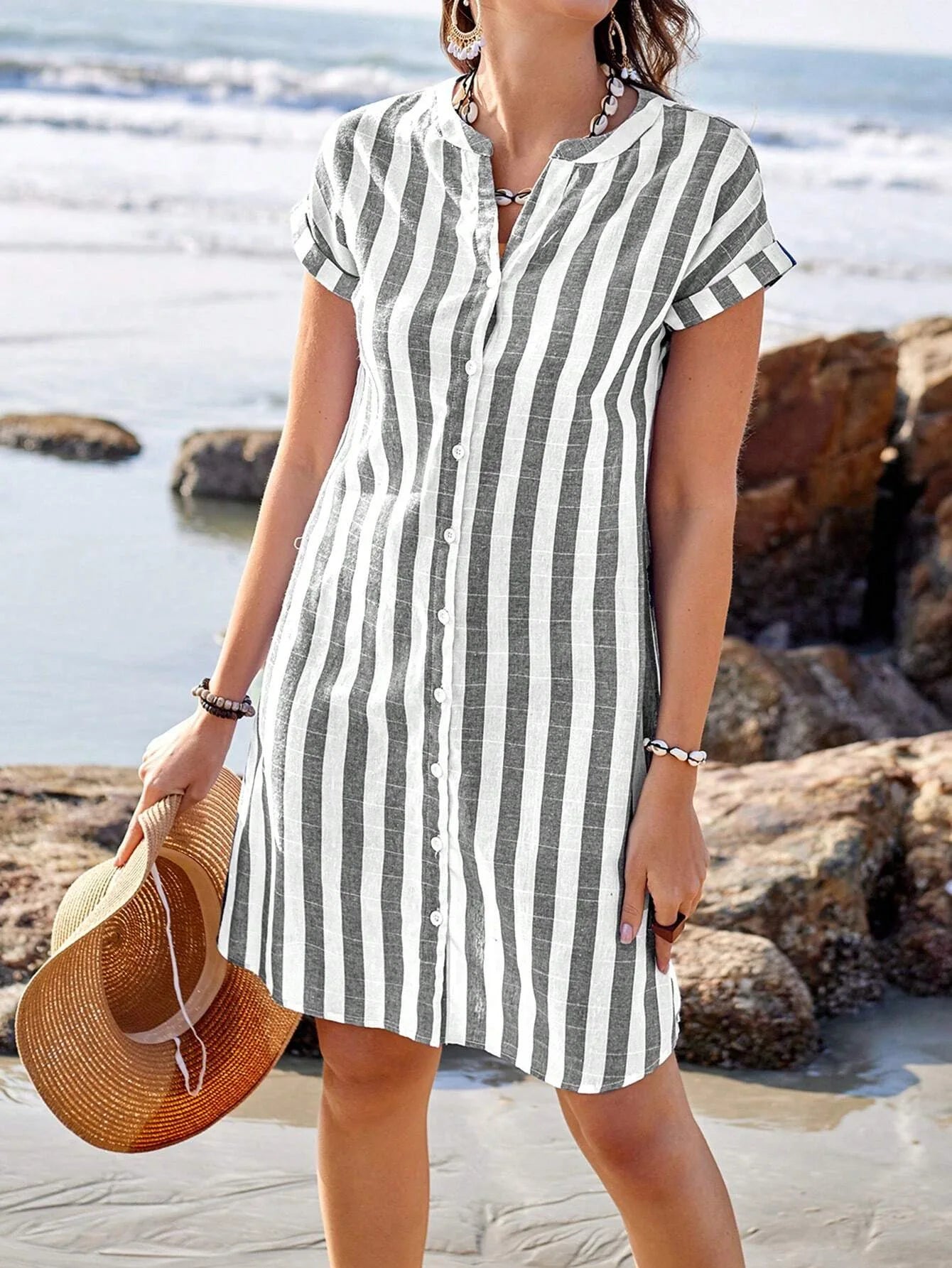 Women's Fashion Summer Shirt Dress Elegant Casual Striped Stand Collar Front Button Loose Short Sleeves Dresses