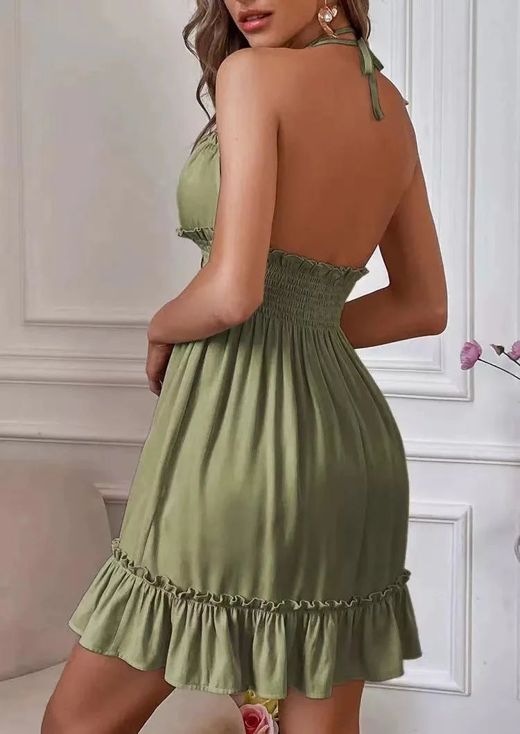 Women's Clothing European Dresses popular deep V-rope suspender black fungus edge parallel wrinkled seam backless sexy dress