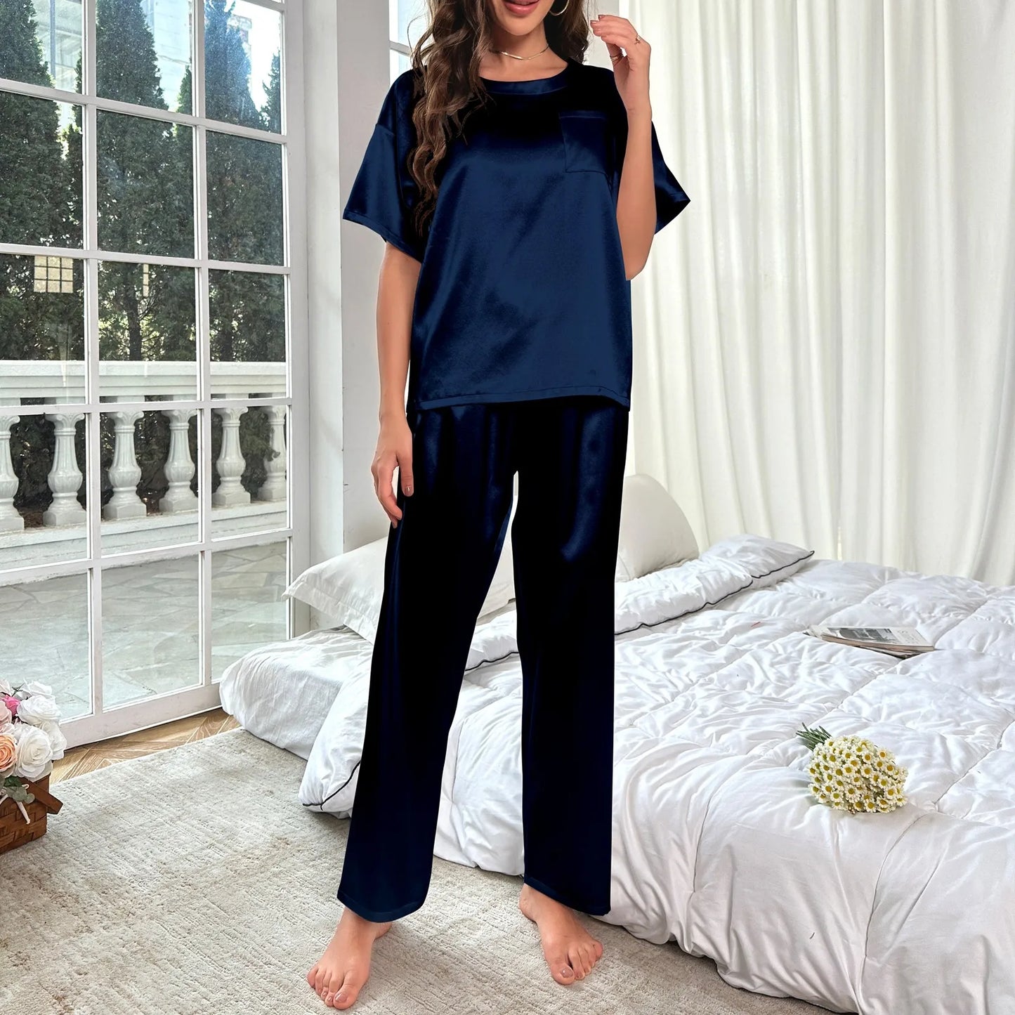 High Quality Casual Ice Silk Loose Pajamas Set Short Sleeved Long Pants Comfortable Pajama Set Daily Home Clothes Pajama Set