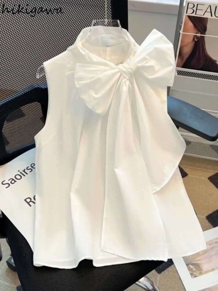 White Blouse for Women 2025 Blusas Mujer De Moda Bandage Bow Sleeveless Loose Shirts Fashion Sweet Summer Blouses Tops Female