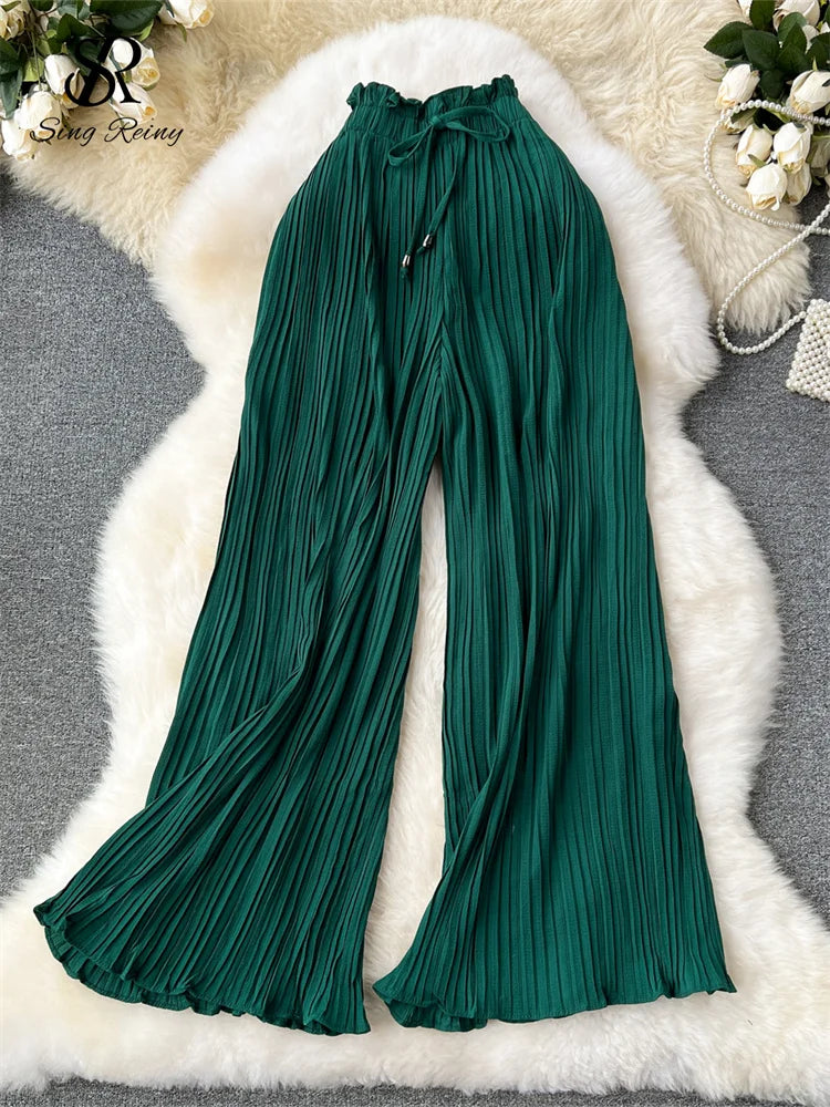 SINGREINY Bandage Basics Casual Pants Women Summer Oversize Draped Wide Legs Pants High Waist Solid Long Pleated Trousers