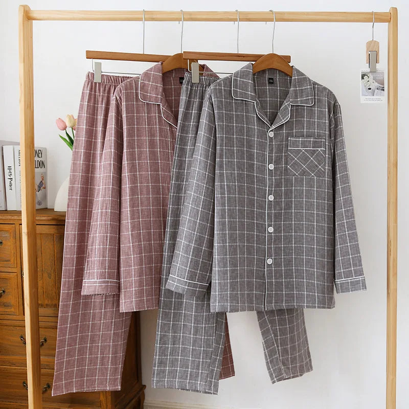 2025 Japanese New Men's Spring/Summer Pajama Set 100% Cotton Plaid Long Sleeve Pants Two Piece Set Large Relaxed Home Furnishing